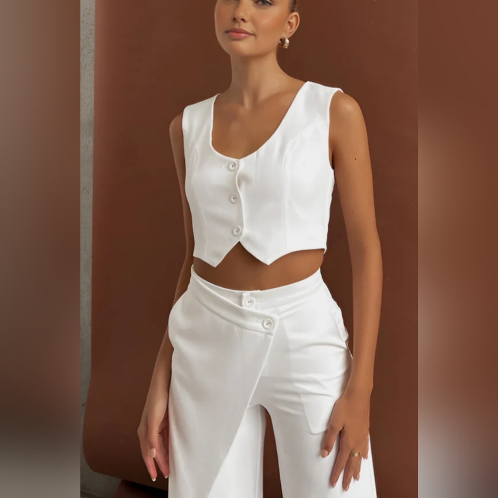 COMMENSE Solid Wet Asymetrical Straight Leg Pants Set Sz L NWT - Picture 3 of 13